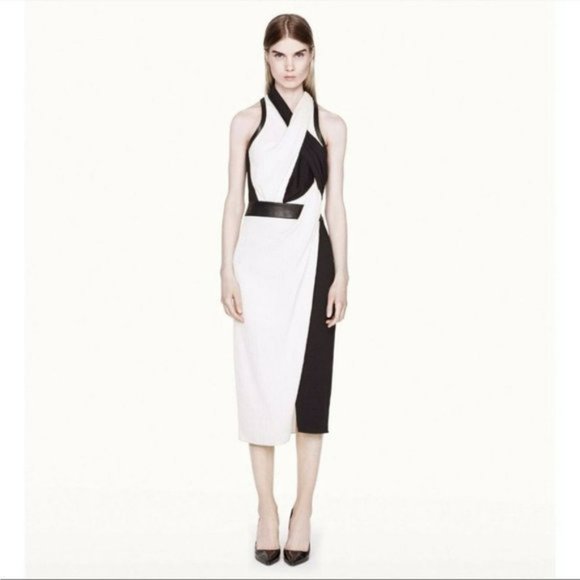 HELMUT LANG TWISTED DRAPE GRAINED VISCOSE LEATHER  TRIM DRESS Black White - Picture 16 of 16
